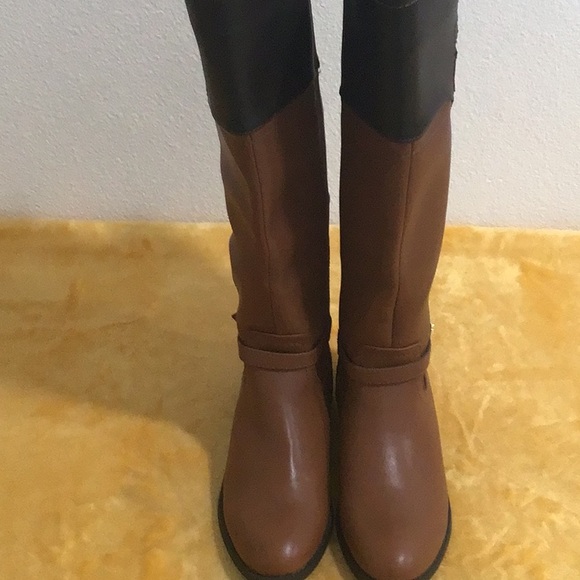 EUC. TOMMY HILFIGER Buckle Faux Leather Two-Tone Tall Riding Boots Side Zipper - Picture 2 of 16
